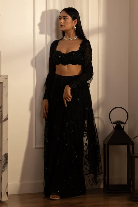 Buy_House Of Karmah_Black Crepe Embroidery Beads Sweetheart Eclipse Blouse And Skirt Set _Online_at_Aza_Fashions