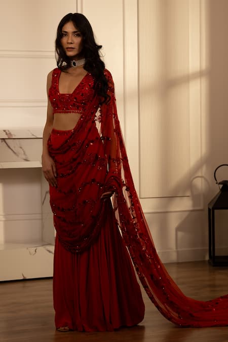 House Of KàRMàH Cherry Blossom Embroidered Gharara Saree Set 