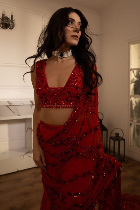 House Of KàRMàH_Red Tulle, Crepe Beads, Embroidery V-neck Cherry Blossom Gharara Saree Set _Online_at_Aza_Fashions