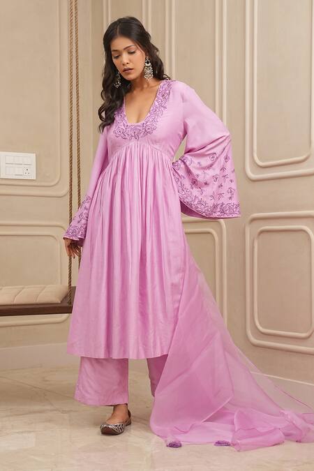 House Of Karmah_Purple Katan Silk Embroidery Floral Blunt V-neck Yoke Anarkali And Palazzo Set _Online_at_Aza_Fashions