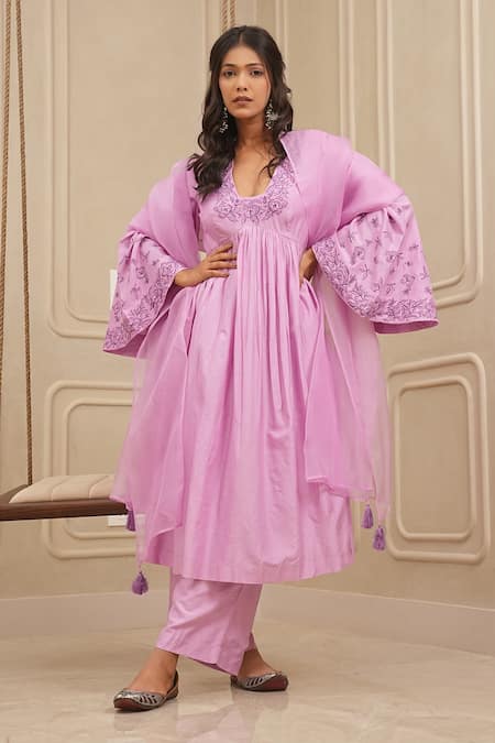 Shop_House Of Karmah_Purple Katan Silk Embroidery Floral Blunt V-neck Yoke Anarkali And Palazzo Set _Online_at_Aza_Fashions