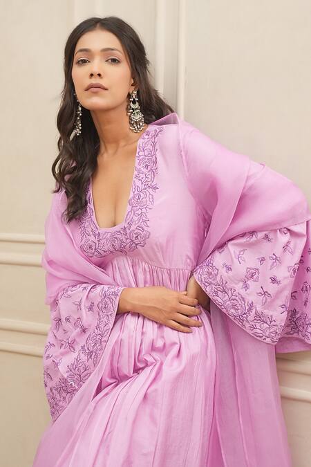 House Of Karmah_Purple Katan Silk Embroidery Floral Blunt V-neck Yoke Anarkali And Palazzo Set _at_Aza_Fashions