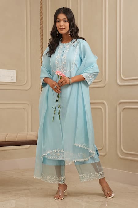 House Of Karmah_Blue Chanderi , Organza Floral Thread Yoke Kurta And Palazzo Set _Online_at_Aza_Fashions
