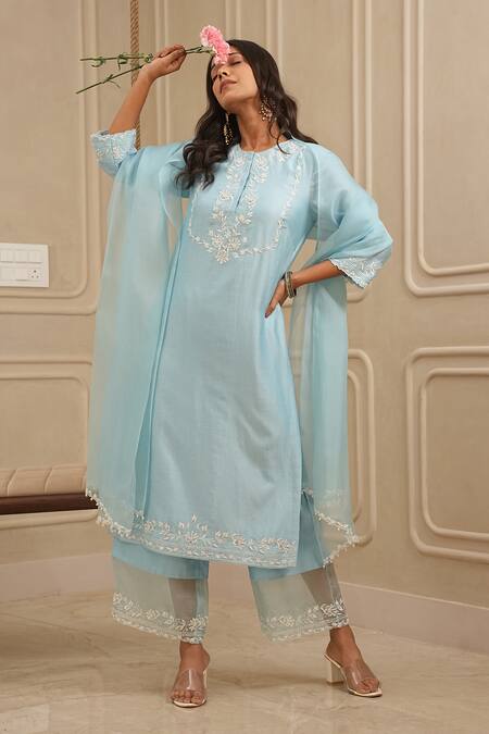 Buy_House Of Karmah_Blue Chanderi , Organza Floral Thread Yoke Kurta And Palazzo Set _Online_at_Aza_Fashions