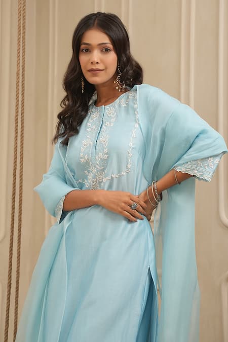 Shop_House Of Karmah_Blue Chanderi , Organza Floral Thread Yoke Kurta And Palazzo Set _Online_at_Aza_Fashions
