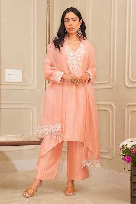 HOUSE OF KÀRMÀH Peach Dupion Silk Embroidery Floral Blossom Asymmetric Kurta And Palazzo Set 