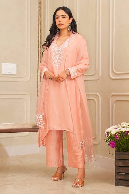 House Of KàRMàH_Peach Organza, Denim, Floral Blossom Asymmetric Kurta And Palazzo Set _Online_at_Aza_Fashions