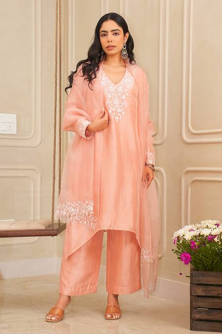 Buy_House Of KàRMàH_Peach Organza, Denim, Floral Blossom Asymmetric Kurta And Palazzo Set _Online_at_Aza_Fashions