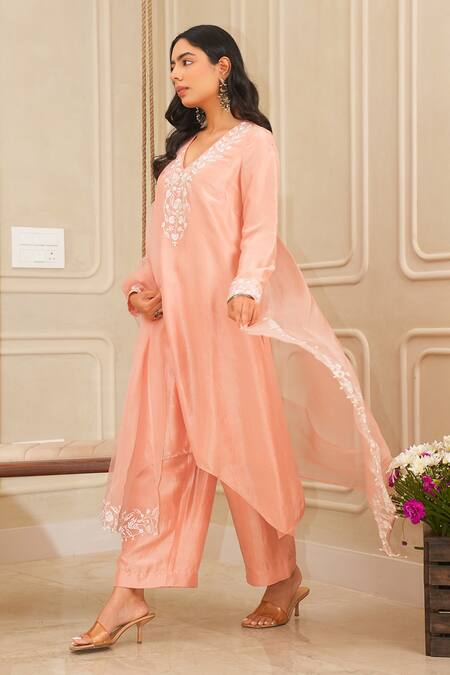 Shop_House Of KàRMàH_Peach Organza, Denim, Floral Blossom Asymmetric Kurta And Palazzo Set _Online_at_Aza_Fashions