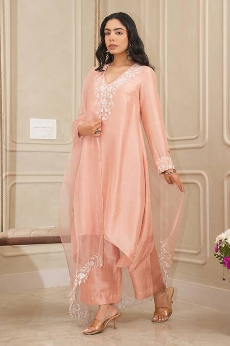 House Of KàRMàH_Peach Organza, Denim, Floral Blossom Asymmetric Kurta And Palazzo Set _at_Aza_Fashions