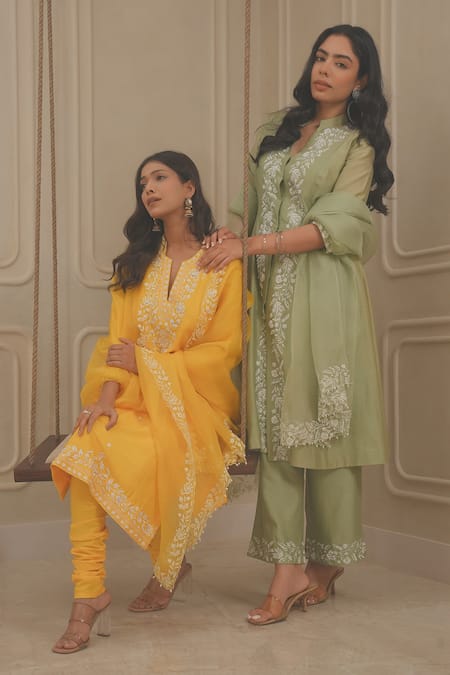 House Of KàRMàH_Yellow Silk Organza, Kota Doria Beads, Floral Resham Kurta And Palazzo Set _Online_at_Aza_Fashions