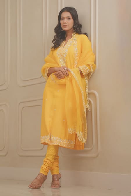 Buy_House Of KàRMàH_Yellow Silk Organza, Kota Doria Beads, Floral Resham Kurta And Palazzo Set _Online_at_Aza_Fashions