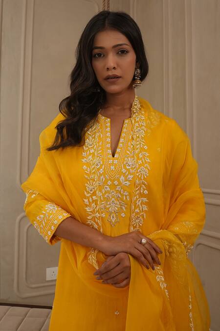 Shop_House Of KàRMàH_Yellow Silk Organza, Kota Doria Beads, Floral Resham Kurta And Palazzo Set _Online_at_Aza_Fashions