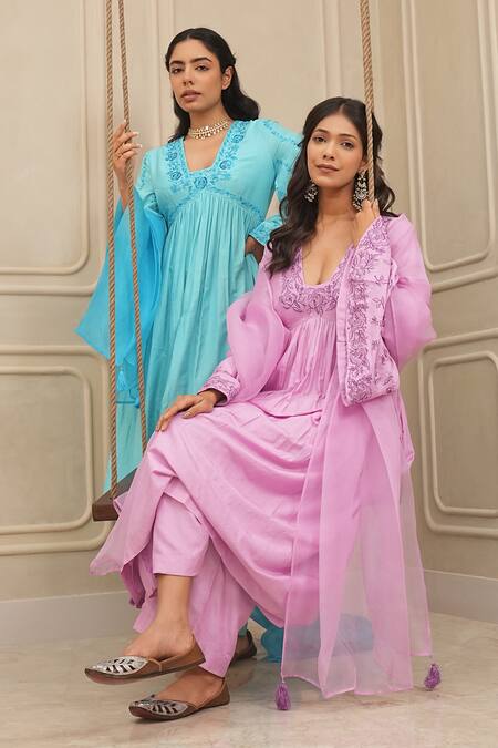 House Of Karmah_Blue Silk Organza, Kota Doria Floral Resham Yoke Anarkali And Palazzo Set _at_Aza_Fashions