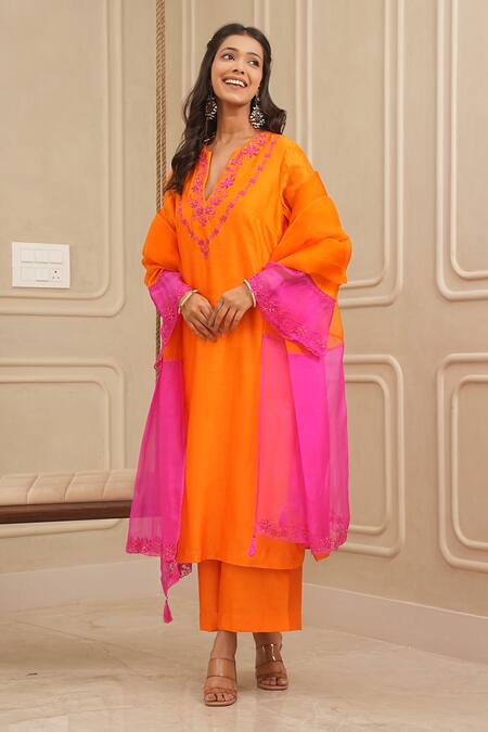 Buy_House Of Karmah_Orange Chanderi , Organza Sunset Straight Kurta And Palazzo Set _Online_at_Aza_Fashions