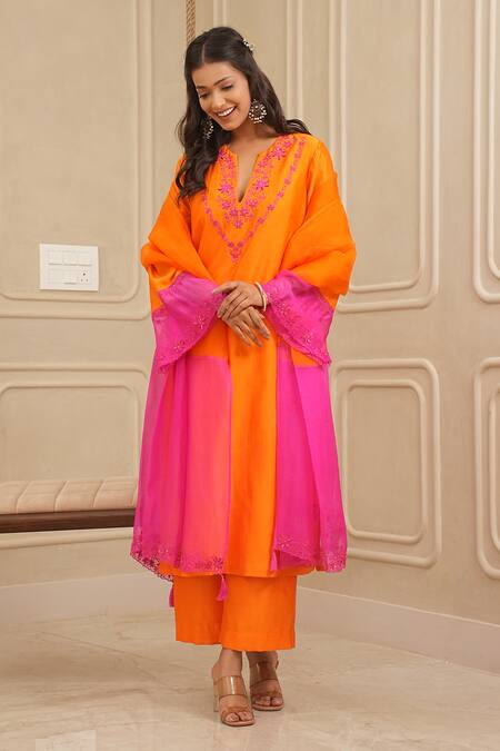 Shop_House Of Karmah_Orange Chanderi , Organza Sunset Straight Kurta And Palazzo Set _Online_at_Aza_Fashions
