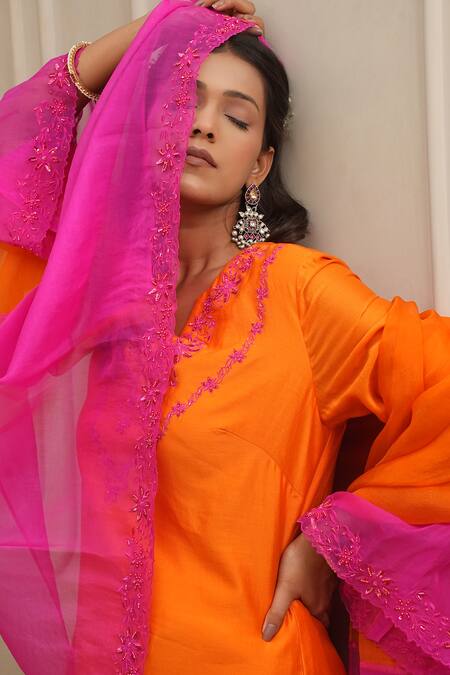 House Of Karmah_Orange Chanderi , Organza Sunset Straight Kurta And Palazzo Set _at_Aza_Fashions