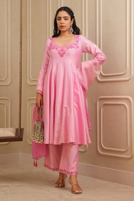 House Of Karmah_Pink Chanderi , Organza Resham Panelled Kurta And Palazzo Set _Online_at_Aza_Fashions