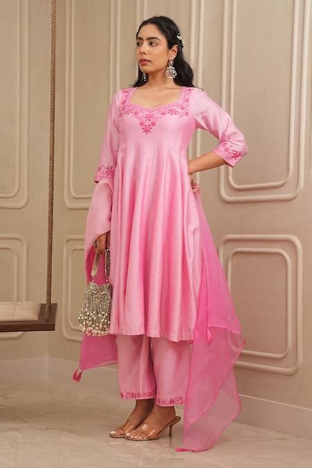 Buy_House Of Karmah_Pink Chanderi , Organza Resham Panelled Kurta And Palazzo Set _Online_at_Aza_Fashions
