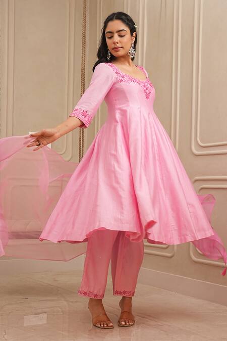Shop_House Of Karmah_Pink Chanderi , Organza Resham Panelled Kurta And Palazzo Set _Online_at_Aza_Fashions
