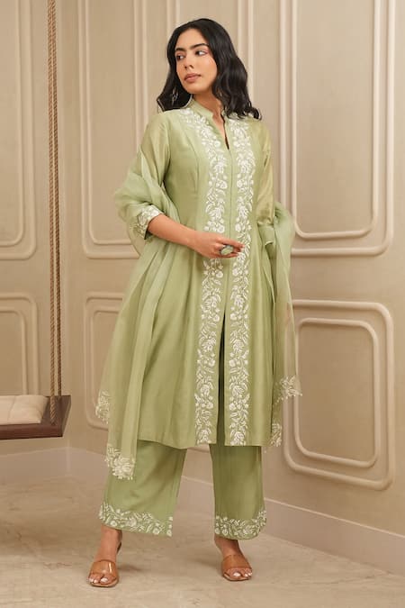 House Of Karmah_Green Chanderi , Organza Floral Thread Collar Kurta And Palazzo Set _Online_at_Aza_Fashions