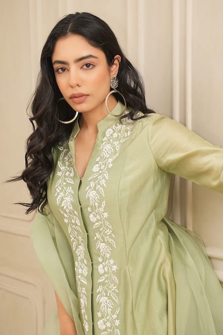 Buy_House Of Karmah_Green Chanderi , Organza Floral Thread Collar Kurta And Palazzo Set _Online_at_Aza_Fashions