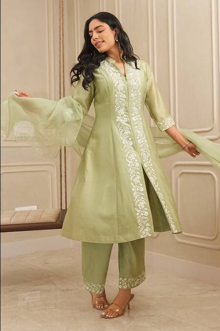 Shop_House Of Karmah_Green Chanderi , Organza Floral Thread Collar Kurta And Palazzo Set _Online_at_Aza_Fashions