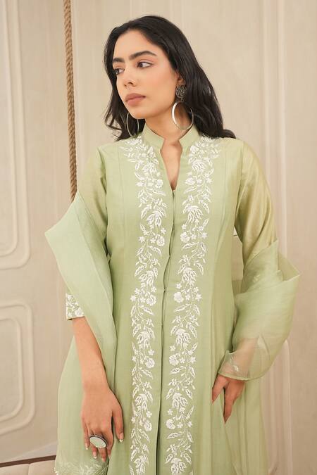 House Of Karmah_Green Chanderi , Organza Floral Thread Collar Kurta And Palazzo Set _at_Aza_Fashions