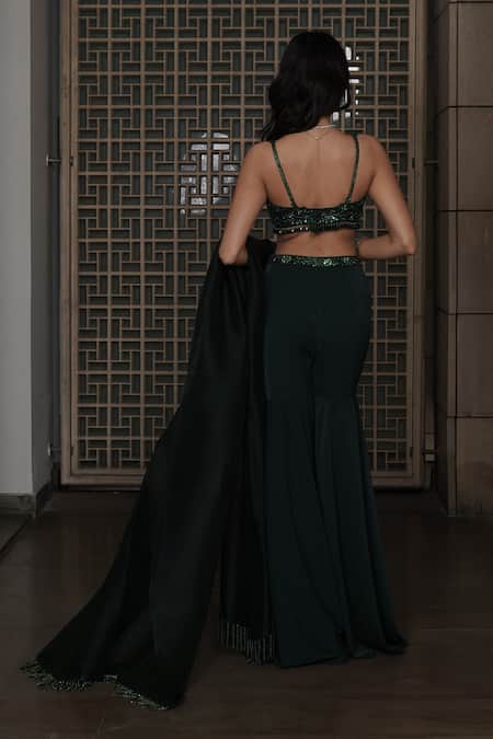 House Of KàRMàH_Emerald Green Crepe, Silk Organza Sequins, Crystals, Beads, Bustier Gharara Set _Online_at_Aza_Fashions
