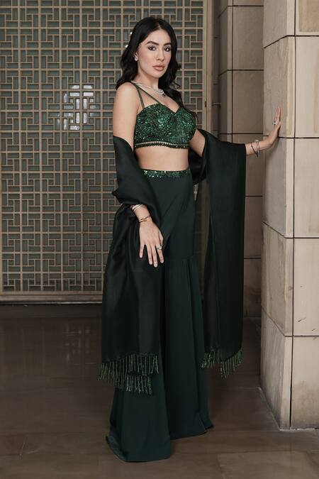 Buy_House Of KàRMàH_Emerald Green Crepe, Silk Organza Sequins, Crystals, Beads, Bustier Gharara Set _Online_at_Aza_Fashions