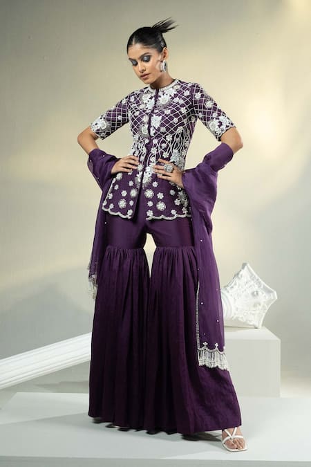 HOUSE OF KÀRMÀH Purple Chanderi Embroidered Pearls Closed Round Top Gharara Set 