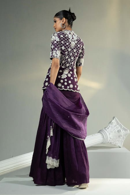 Shop House Of Karmah Purple Chanderi, Silk Organza Pearls, Sequins, Embroidered Top Gharara Set at Aza Fashions Shop_House Of Karmah_Purple Chanderi, Silk Organza Pearls, Sequins, Embroidered Top Gharara Set _at_Aza_Fashions