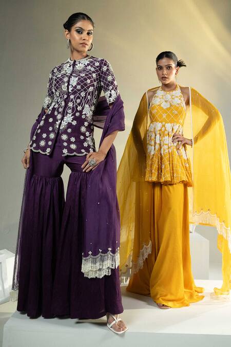 House Of Karmah Purple Chanderi, Silk Organza Pearls, Sequins, Embroidered Top Gharara Set Online at Aza Fashions House Of Karmah_Purple Chanderi, Silk Organza Pearls, Sequins, Embroidered Top Gharara Set _Online_at_Aza_Fashions