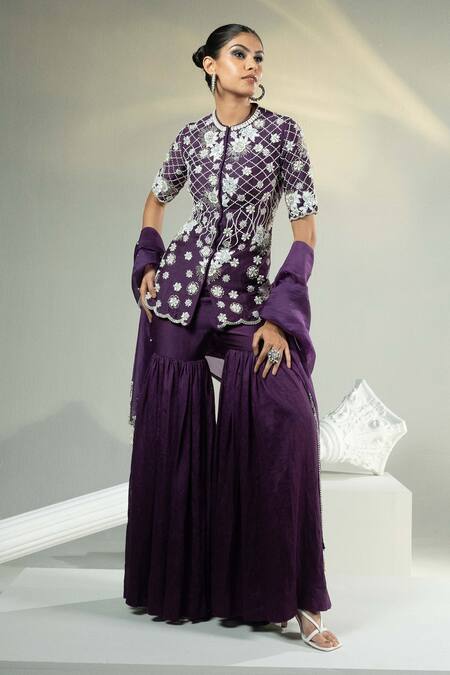 Buy House Of Karmah Purple Chanderi, Silk Organza Pearls, Sequins, Embroidered Top Gharara Set Online at Aza Fashions Buy_House Of Karmah_Purple Chanderi, Silk Organza Pearls, Sequins, Embroidered Top Gharara Set _Online_at_Aza_Fashions