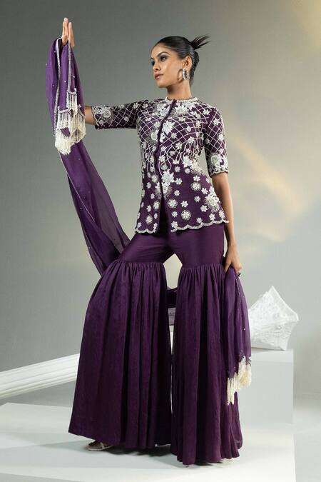 Shop House Of Karmah Purple Chanderi, Silk Organza Pearls, Sequins, Embroidered Top Gharara Set Online at Aza Fashions Shop_House Of Karmah_Purple Chanderi, Silk Organza Pearls, Sequins, Embroidered Top Gharara Set _Online_at_Aza_Fashions