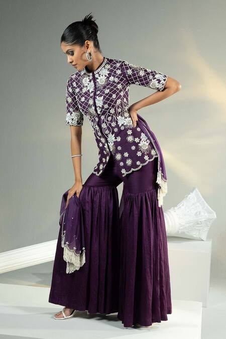 House Of Karmah Purple Chanderi, Silk Organza Pearls, Sequins, Embroidered Top Gharara Set at Aza Fashions House Of Karmah_Purple Chanderi, Silk Organza Pearls, Sequins, Embroidered Top Gharara Set _at_Aza_Fashions