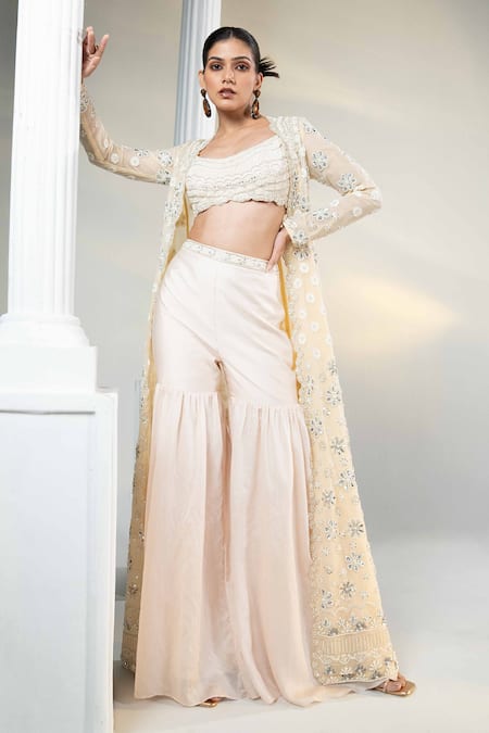 HOUSE OF KÀRMÀH Beige Chanderi Embroidered Pearls Bustier Scoop Gharara Set With Cape 