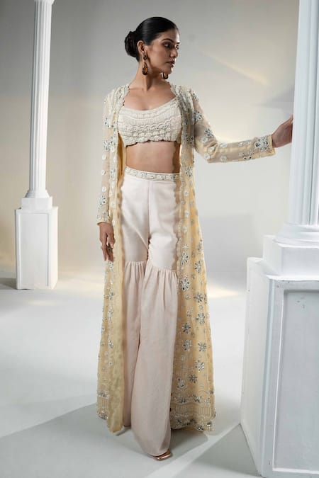 Shop House Of Karmah Beige Silk Organza, Tulle, Chanderi Beads, Gharara Set With Embroidered Cape at Aza Fashions Shop_House Of Karmah_Beige Silk Organza, Tulle, Chanderi Beads, Gharara Set With Embroidered Cape _at_Aza_Fashions