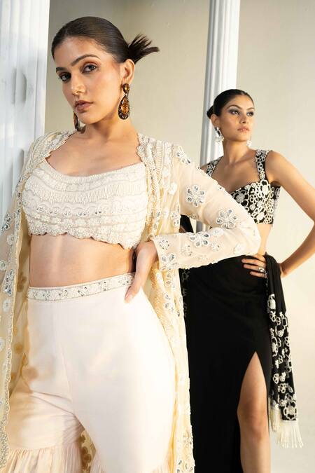 House Of Karmah Beige Silk Organza, Tulle, Chanderi Beads, Gharara Set With Embroidered Cape Online at Aza Fashions House Of Karmah_Beige Silk Organza, Tulle, Chanderi Beads, Gharara Set With Embroidered Cape _Online_at_Aza_Fashions