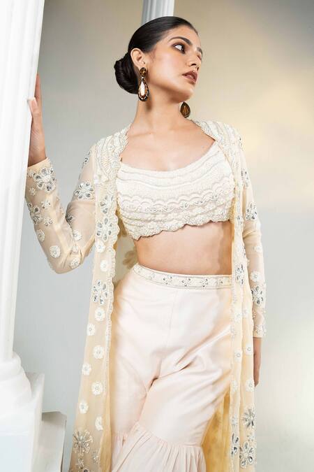 Buy House Of Karmah Beige Silk Organza, Tulle, Chanderi Beads, Gharara Set With Embroidered Cape Online at Aza Fashions Buy_House Of Karmah_Beige Silk Organza, Tulle, Chanderi Beads, Gharara Set With Embroidered Cape _Online_at_Aza_Fashions