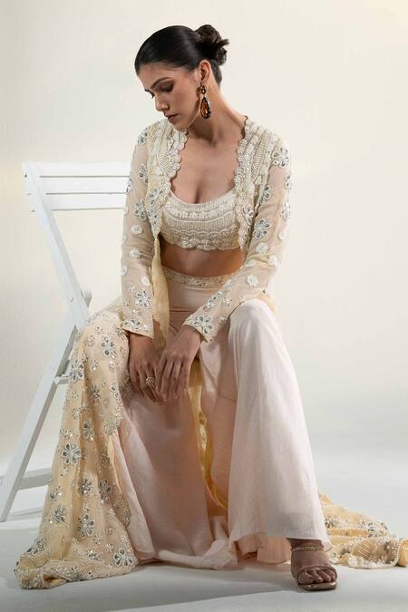 Shop House Of Karmah Beige Silk Organza, Tulle, Chanderi Beads, Gharara Set With Embroidered Cape Online at Aza Fashions Shop_House Of Karmah_Beige Silk Organza, Tulle, Chanderi Beads, Gharara Set With Embroidered Cape _Online_at_Aza_Fashions
