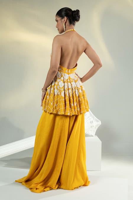 Shop House Of Karmah Yellow Chanderi, Silk Organza Pearls, Sequins, Soleil Peplum Top Sharara Set at Aza Fashions Shop_House Of Karmah_Yellow Chanderi, Silk Organza Pearls, Sequins, Soleil Peplum Top Sharara Set _at_Aza_Fashions