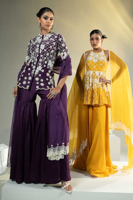House Of Karmah Yellow Chanderi, Silk Organza Pearls, Sequins, Soleil Peplum Top Sharara Set Online at Aza Fashions House Of Karmah_Yellow Chanderi, Silk Organza Pearls, Sequins, Soleil Peplum Top Sharara Set _Online_at_Aza_Fashions