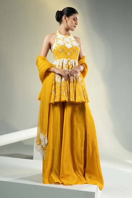 Buy House Of Karmah Yellow Chanderi, Silk Organza Pearls, Sequins, Soleil Peplum Top Sharara Set Online at Aza Fashions Buy_House Of Karmah_Yellow Chanderi, Silk Organza Pearls, Sequins, Soleil Peplum Top Sharara Set _Online_at_Aza_Fashions