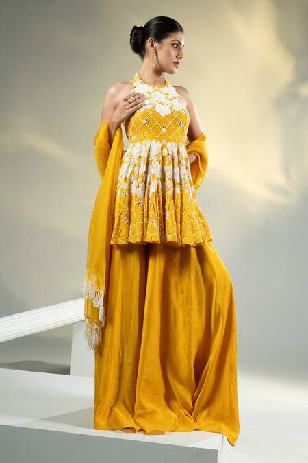 Shop House Of Karmah Yellow Chanderi, Silk Organza Pearls, Sequins, Soleil Peplum Top Sharara Set Online at Aza Fashions Shop_House Of Karmah_Yellow Chanderi, Silk Organza Pearls, Sequins, Soleil Peplum Top Sharara Set _Online_at_Aza_Fashions