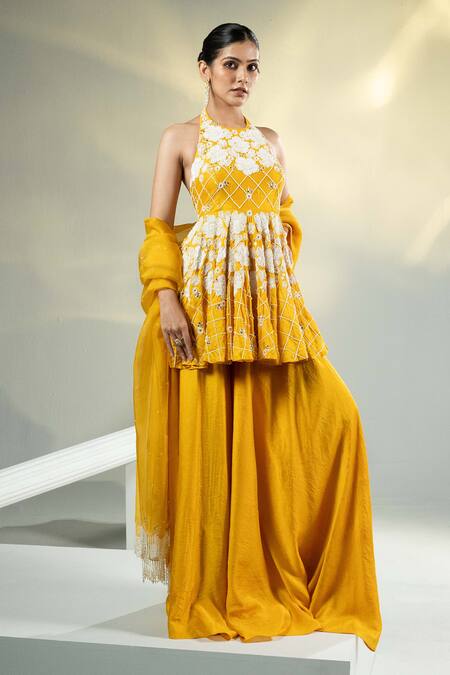 House Of Karmah Yellow Chanderi, Silk Organza Pearls, Sequins, Soleil Peplum Top Sharara Set at Aza Fashions House Of Karmah_Yellow Chanderi, Silk Organza Pearls, Sequins, Soleil Peplum Top Sharara Set _at_Aza_Fashions
