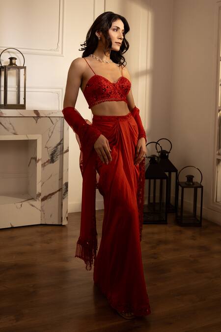 House Of Karmah_Red Chanderi Silk Embroidered Floral Crimson Charm Bustier Draped Skirt Set _Online_at_Aza_Fashions
