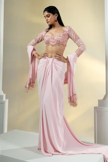 HOUSE OF KÀRMÀH Pink Crepe Embroidered Beads Geometric Bustier Draped Skirt Set 