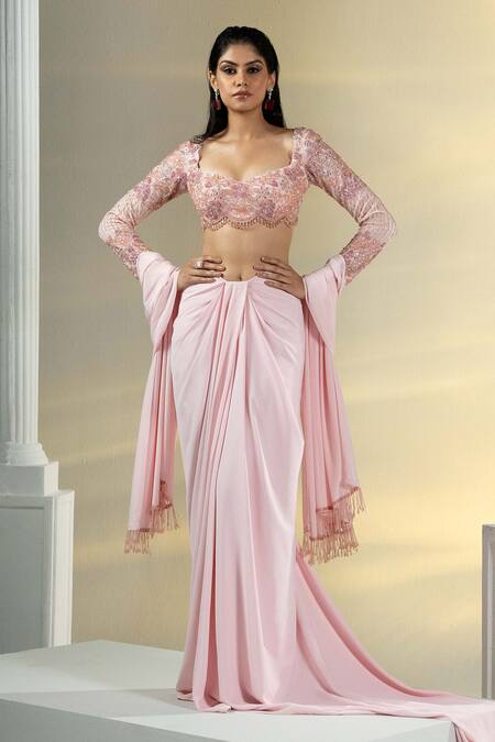 House Of Karmah_Pink Crepe Embroidered Beads Geometric Bustier Draped Skirt Set _Online_at_Aza_Fashions