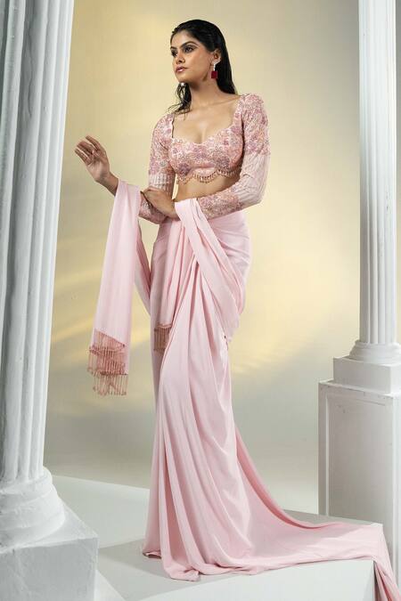 Shop_House Of Karmah_Pink Crepe Embroidered Beads Geometric Bustier Draped Skirt Set _Online_at_Aza_Fashions